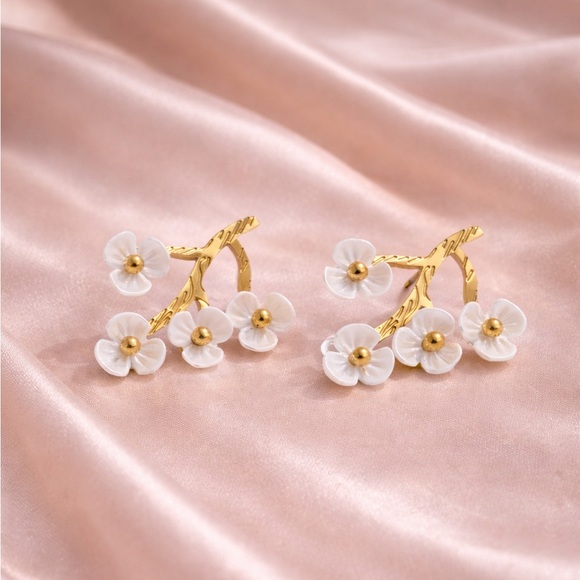 Delicate Cherry Blossom Gold Statement Earrings - Picture 6 of 17